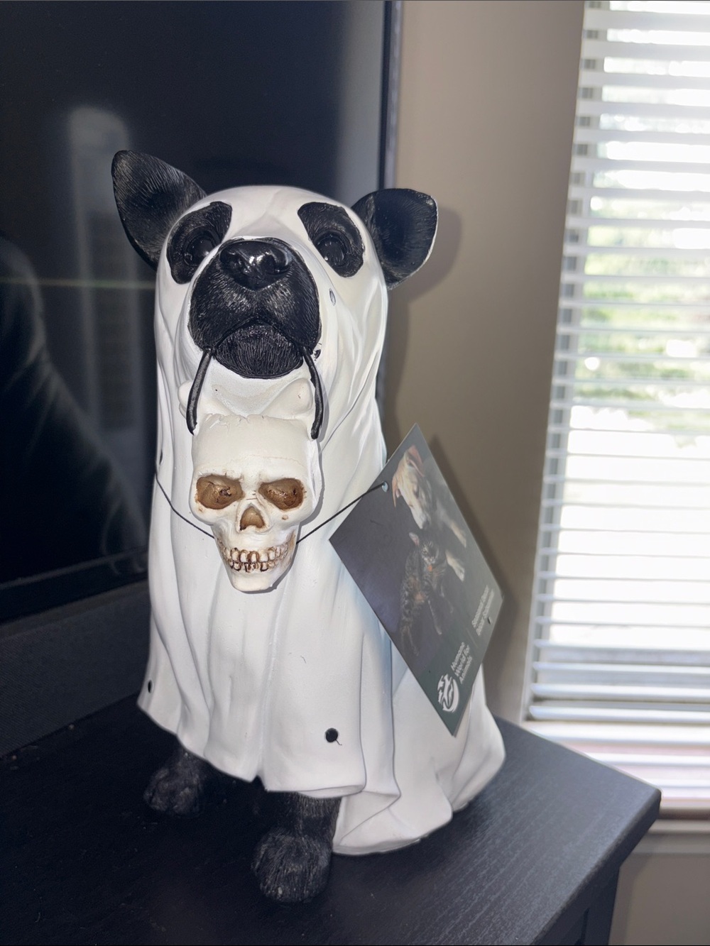 White & Black Ghost Dog Ceramic Sculpture with Skull Accent - Picture 10 of 10